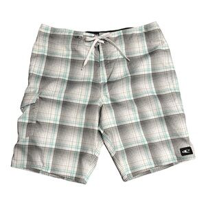 O'Neill Board Shorts Mens size 36 Surf Swim Trunk Cargo Pocket Beach White Plaid